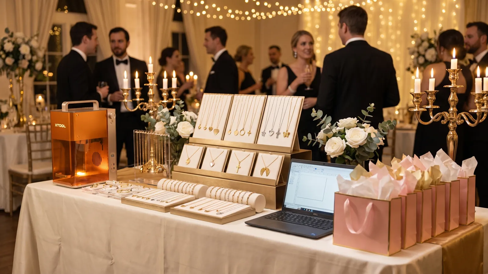 Jewelry bar at a wedding reception: gold displays with necklaces and bracelets, the laser and pink gift bags