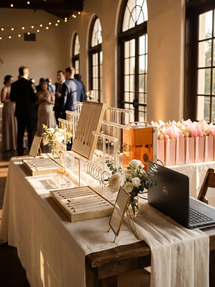 The bar set up in the venue, with guests in the background