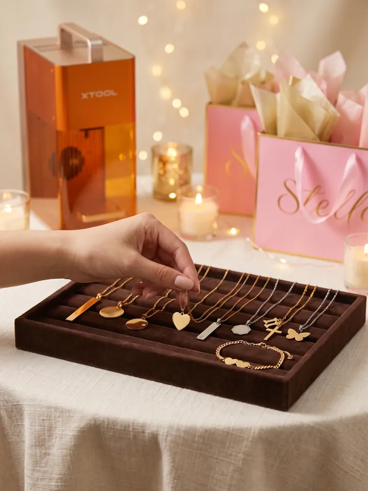 A guest picks a heart necklace from the tray