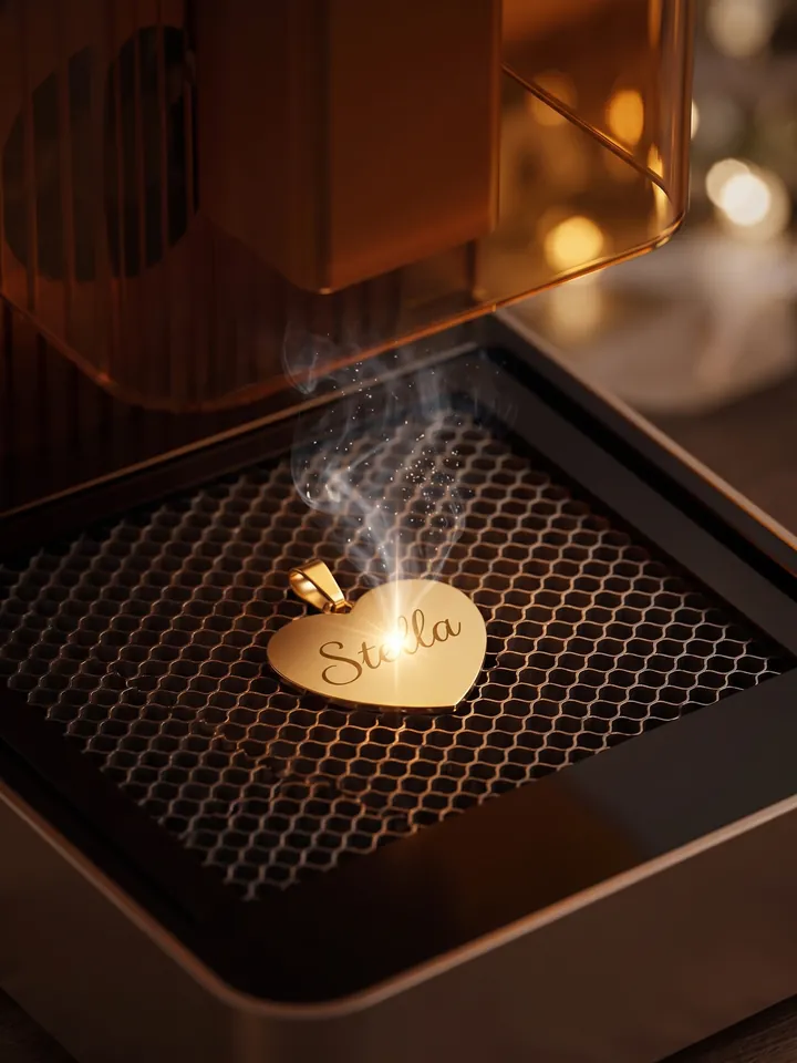 The laser engraves a name on a gold heart pendant