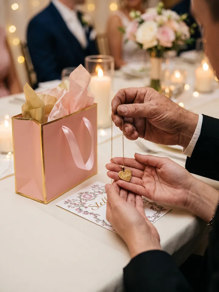 Handing over the engraved necklace next to its gift bag