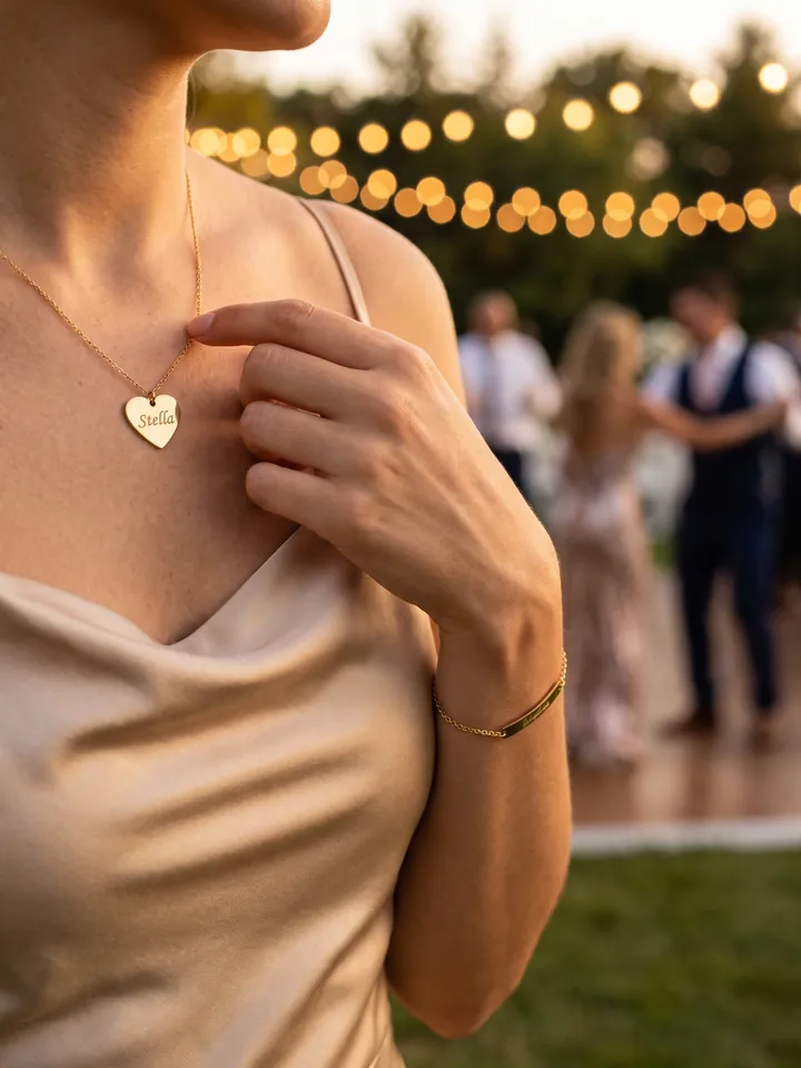 A guest wears her engraved necklace at the party