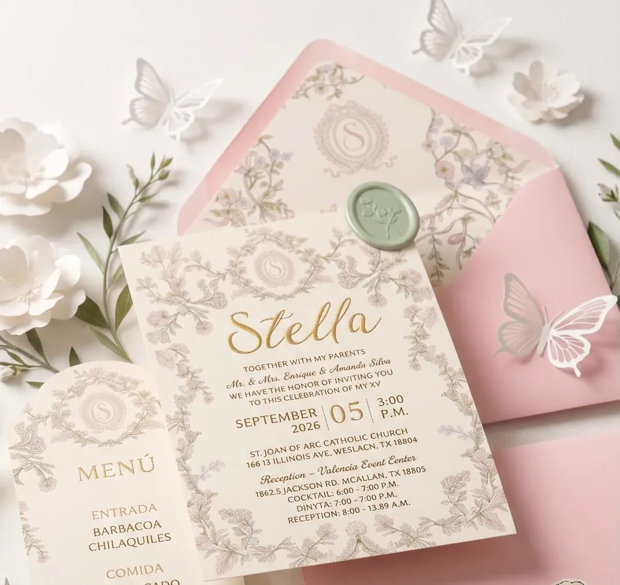 Printed Lithos invitation with its menu and pink envelope, in the same floral design as the jewelry card